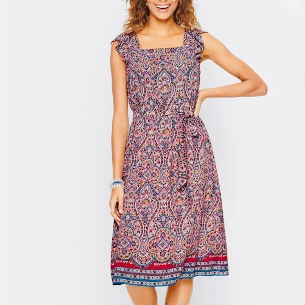 Talbots Majestic Medallion Floral Ruffle Cap Sleeve Tie Waist Pinafore Dress